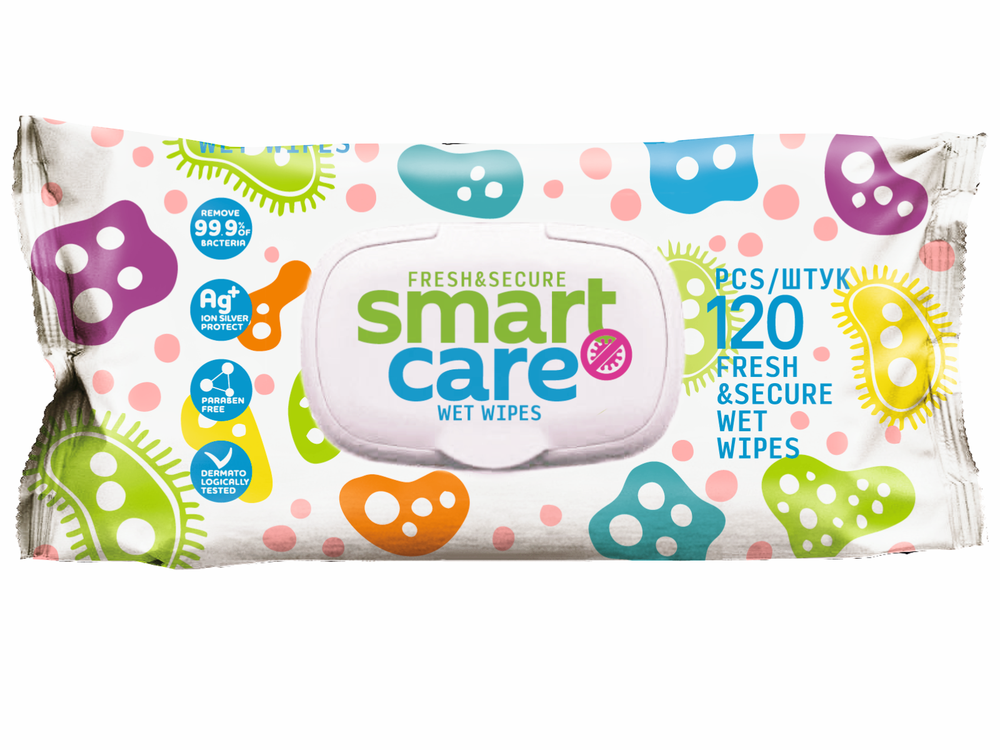 Влажные салфетки Smart Сare аб с пластик клапаном 120шт/уп 10уп/кор